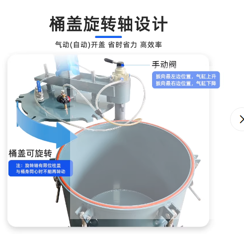 气动开盖碳钢压力桶PU胶覆膜压力缸气动压力罐带滚轮可定制